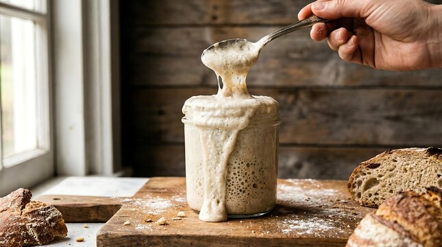 A hand scooping active sourdough starter with a spoon. A spoon dipping into a jar of active and lifting sourdough starter.