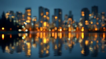 Obraz premium Blurred Cityscape at Night with Reflective Water Surface.