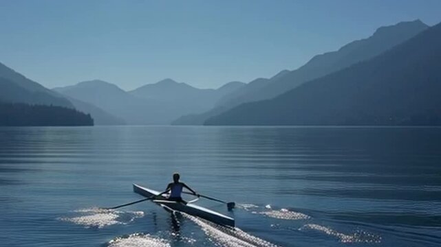 Solo rower glides across serene lake with distant mountains under clear blue sky