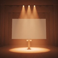 따뜻한 조명이 비치는 빈 무대와 화이트 스크린 empty stage with spotlight beams and a blank white screen