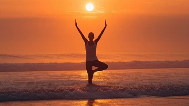 Woman Practicing Yoga Tree Pose on Beach at Sunset