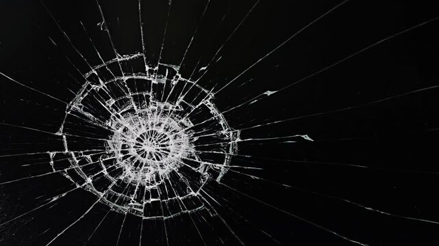 Animation bullet through glass on background. cracks glass fracture effect texture isolated abstract black background.
 glass shattering against a black background for visual effects.