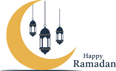 Fototapeta premium Happy Ramadan Greeting with Crescent Moon and Hanging Lanterns