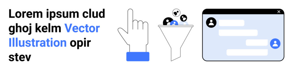 Fototapeta premium Data processing, user interface design, online communication, digital workflow, marketing funnels, interactive design. A pointing hand, data funnel and chat interface. Data processing and user