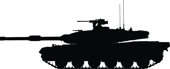PrintBlack silhouette of a modern military battle tank side view isolated on white background armored vehicle warfare defense, © Mst