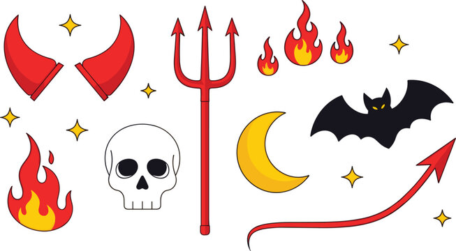 Spooky Halloween and devil elements set with red horns, pitchfork, skull, fire flames, bat and crescent moon on white background.