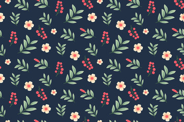 Seamless Elegant Floral and Berry Pattern on Dark Blue Background