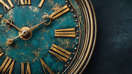 Close Up of an Old Vintage Clock Face with Roman Numerals.