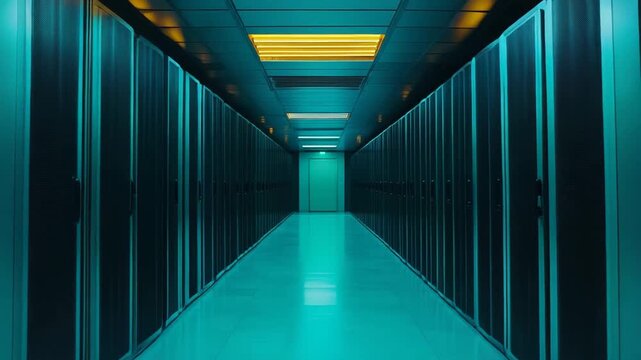 Data center corridor with rows of server racks on both sides, creating a long perspective towards a closed door, representing digital storage, cloud computing, and advanced network infrastructure