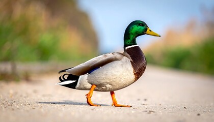 Obraz premium A male mallard duck standing on a sandy path