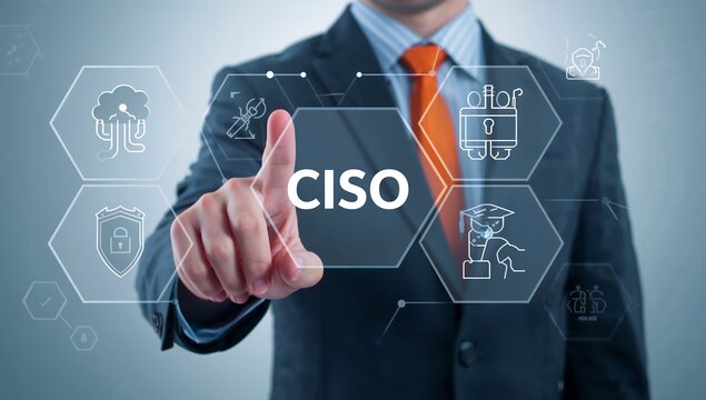 Businessman in Suit Interacting with CISO Digital Interface for Chief Information Security Officer and Corporate Governance Concept