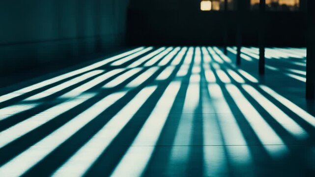Light filtering through a window or structure creates compelling striped shadow patterns and bright lines across a room's floor, offering an abstract and minimalistic view