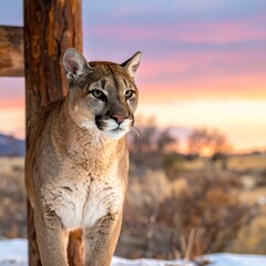A large cat stands beside a wooden post at sunset