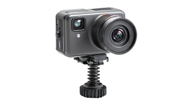 Black action camera on a mount isolated on transparent background for outdoor activities