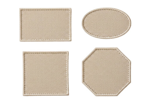 Blank fabric patches in various shapes square oval and octagon with stitched borders isolated on transparent background
