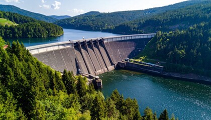 A massive concrete hydroelectric power station spans the river and mountain lake to generate renewable energy across the engineering landscape under a clear sky