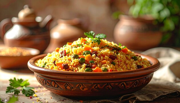 delicious vegetable couscous salad with chickpeas and carrots served in a traditional rustic clay bowl