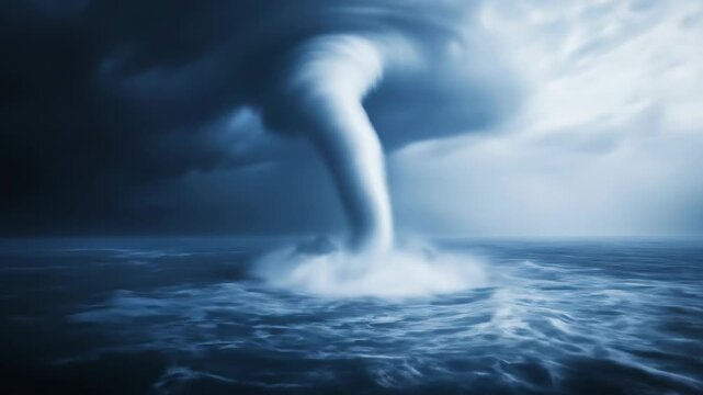 Dramatic waterspout forming over open ocean under a stormy overcast sky