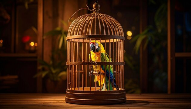 A vintage golden birdcage with open doors sits isolated on a rustic wooden background as an antique symbol of freedom and a 3d metal object representing an empty prison