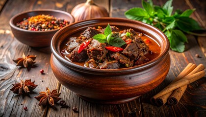 spicy beef rendang stew in clay bowl with aromatic spices on rustic wooden table background