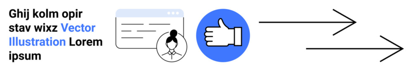 Obraz premium Social media, communication flow, approval, interaction, user engagement, online services. User profile card with avatar, thumbs-up icon and arrows indicating progression. Social media