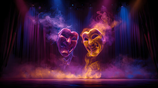 Digital 3D Artwork Representing Classic Comedy and Tragedy Masks on a Vibrant Stage with Colorful Lighting