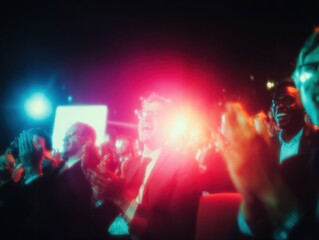 Diverse Business Team Applauding and Celebrating Success at Corporate Event with Warm Orange Light Accents for Employee Appreciation and Financial Achievement