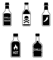 Hot chili sauce bottle icons set with skull and fire symbols