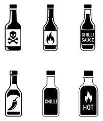 Hot sauce bottle icons set, chilli and spicy condiment vector art. set of different bottles