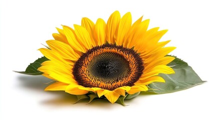 Obraz premium Bright sunflower with leaves against a white background.