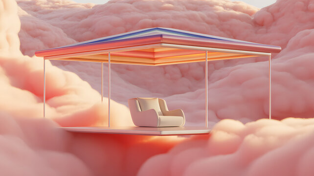 Soft modern armchair on suspended platform above dreamy fluffy pink clouds bathed in ethereal ambien