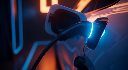 An EV charging port glows with neon light, connected to a vehicle, futuristic aesthetic