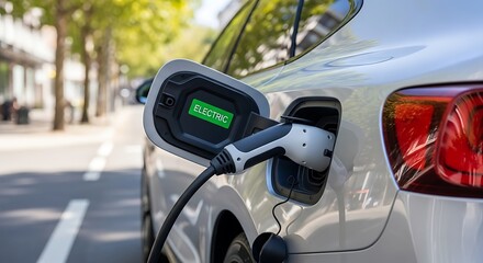 An EV is charging in a city street. Power cable connected to the vehicle