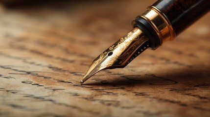 Close-up of a vintage fountain pen writing on an old manuscript or letter.
