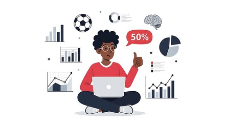 An individual, using a laptop, surrounded by data visualizations and a soccer ball