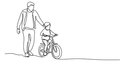 A father teaching his young son how to ride a bicycle in a continuous line drawing style. Vector, illustration © Single Line Art