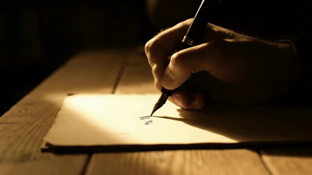 Hands Writing on Paper Documents in Low-Light Office Setting with Dramatic Shadows