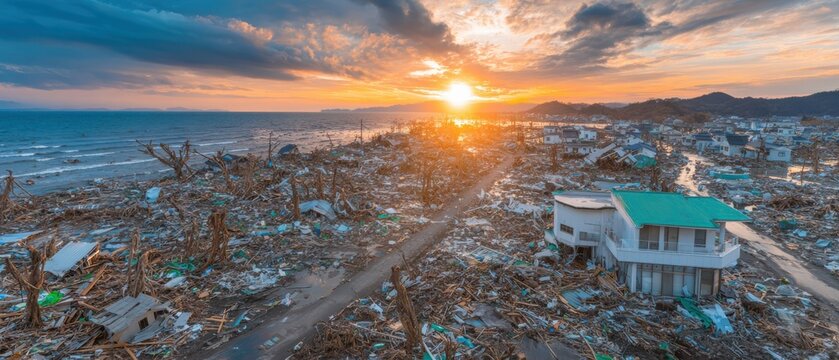 Destroyed house and scattered debris from a natural disaster on a coastal landscape after a tsunami for historical documentation, environmental crisis and news coverage