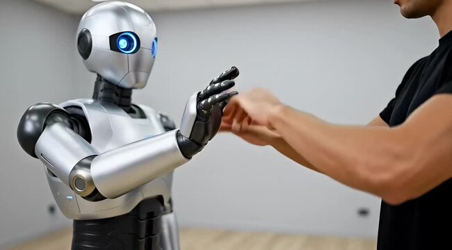 Man interacting with advanced humanoid robot in modern room