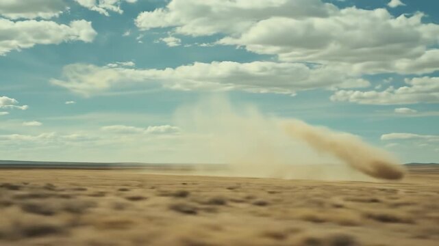 Dust devil rotating across arid landscape under cloudy sky