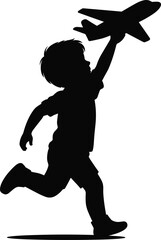 Happy child running with toy airplane silhouette, playful kid holding aircraft model isolated vector illustration on white background