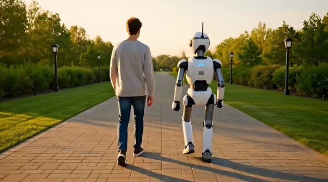 Man walking with futuristic robot in serene park setting