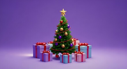 Animated Christmas tree adorned with ornaments and a star, surrounded by wrapped gifts