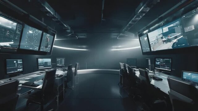Security operations room features multiple large digital screens displaying surveillance footage, data analytics dashboards, representing advanced cybersecurity management