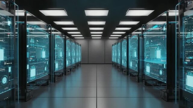 A sleek high tech data center hallway lined with transparent digital monitoring panels displays real-time server performance analytics, network diagnostics, and cybersecurity data visualization