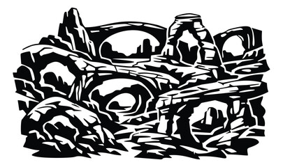 Naklejka premium Stylized line art illustration of a desert landscape depicting rugged rock formations and arches for nature and travel designs