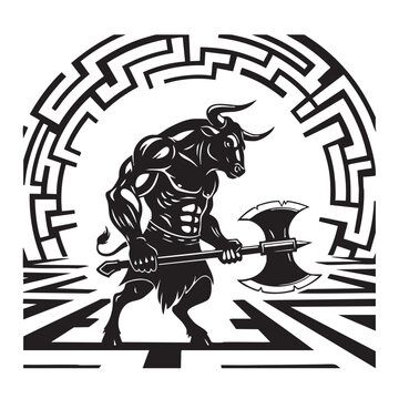 Powerful Minotaur Mythical Creature Holding Labrys Axe in Maze Artistic Silhouette Depicting Strength and Ancient Mythology