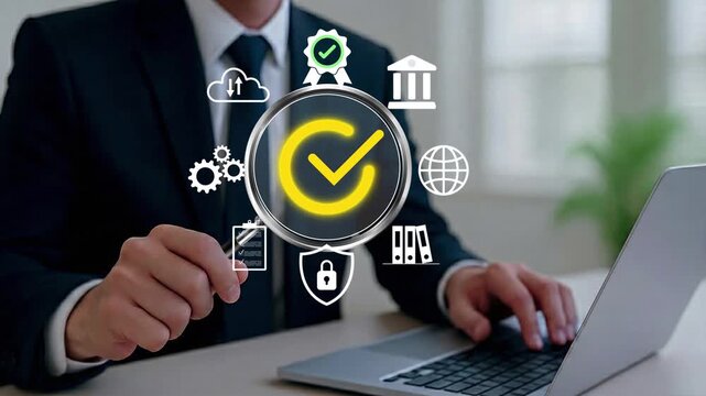 Quality management with Quality Assurance or QA and Quality Control or QC and improvement. Standardization and certification concept. Compliance to regulations and standards. Concept with manager.