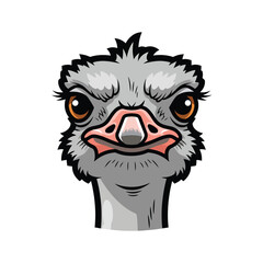 Illustration of an ostrich's head with exaggerated facial features and vibrant orange eyes