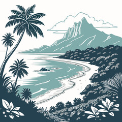 Obraz premium Tropical coastal scenery with palm trees and mountain